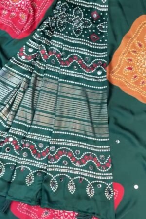 Enchanting Bottle Green Bandhani-Inspired Satin Saree with Mirror Work – Available in Deep Forest Green & Vibrant Tomato Red