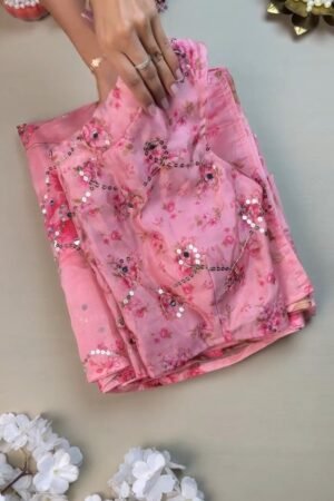 Rosy Muse Mirror-Work Floral Organza Saree Set