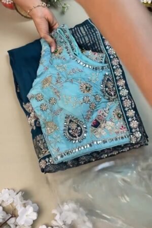 Royal Elephant Motif Embroidered Teal Blue Saree with Sky Blue Blouse – Single Colour Variant