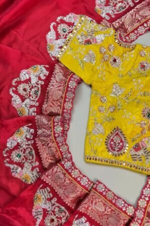 Regal Elephant Motif Handcrafted Saree with Contrast Blouse – Available in Crimson Red & Sun-Kissed Yellow