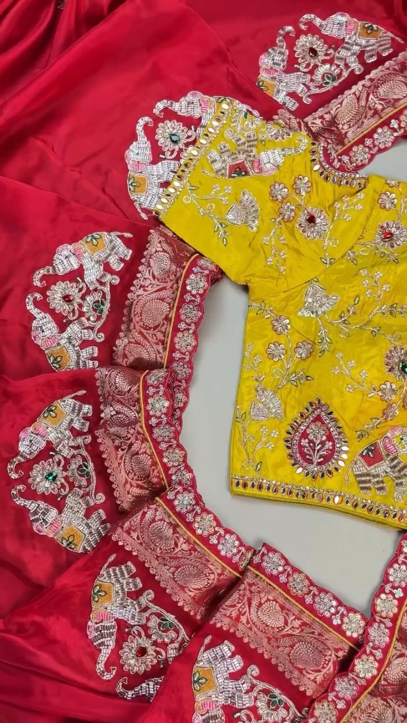 Regal Elephant Motif Handcrafted Saree with Contrast Blouse โ Available in Crimson Red & Sun-Kissed Yellow