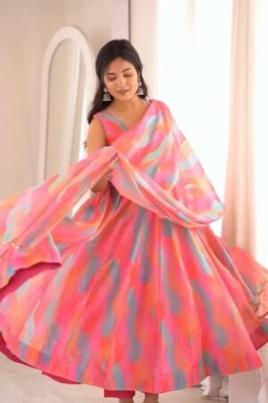 Vibrant Abstract Watercolor Tie-Dye Anarkali Set with Mirrorwork – Pink & Multi-Colour