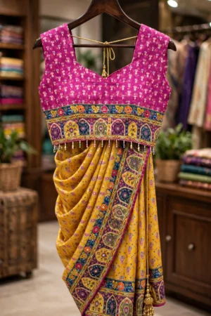 Aurelia Floral Heritage Saree Set with Embellished Border – Available in Vibrant Yellow & Fuchsia