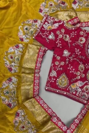 Royal Mustard Silk Saree with Hand-Embroidered Pink Elephant Motif Blouse – Available in Mustard & Pink