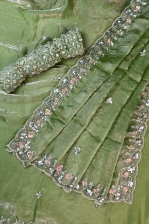 Olive Green Hand-Embellished Organza Saree Set