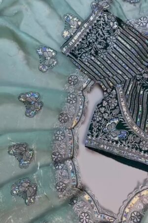 Enchanting Butterfly Motif Embroidered Saree Set – Available in Mint Green & Deep Emerald
