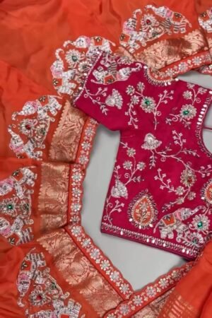 Royal Elephant Motif Hand-Embroidered Saree Set – Available in Orange & Fuchsia Pink
