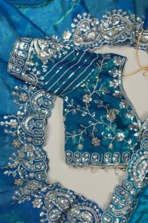 Midnight Teal Shimmer Silk Saree with Intricate Sequin & Zari Embroidery
