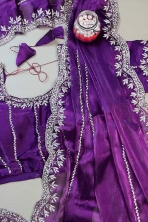 Regal Royal Purple Embroidered Saree with Embellished Blouse Set