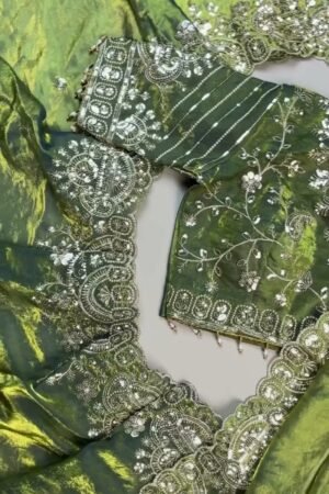Olive Green Hand-Embroidered Organza Saree Set with Embellished Blouse