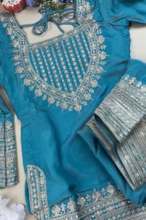 Enchanting Teal Silk Kurta Set with Intricate Silver Threadwork – Available in Classic Teal