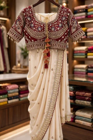 Opulent Ivory & Maroon Hand-Embellished Silk Saree Ensemble