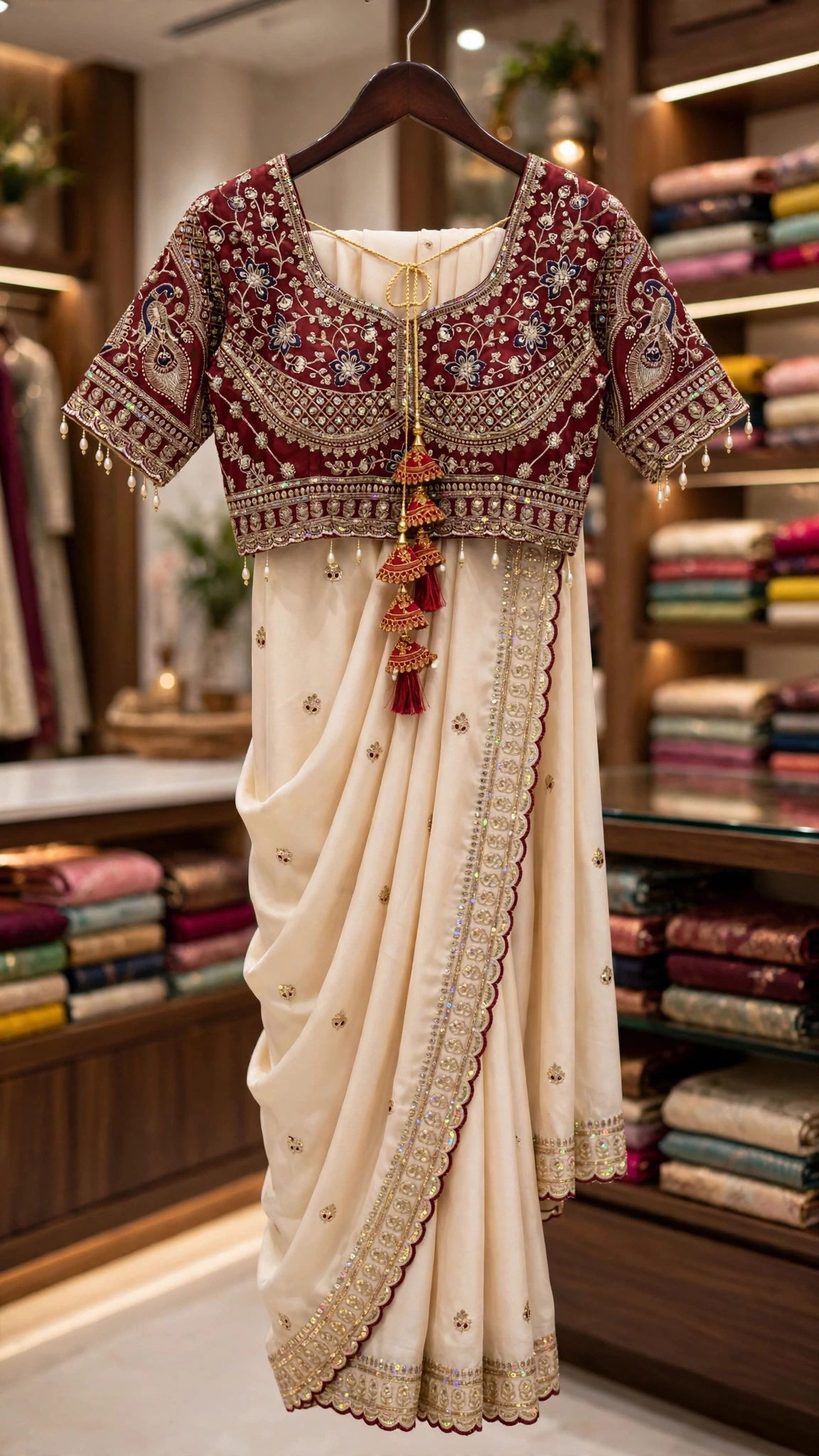 Opulent Ivory & Maroon Hand-Embellished Silk Saree Ensemble