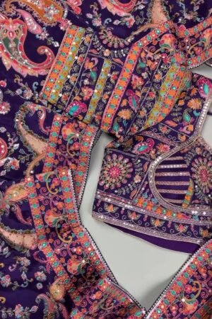 Royal Plum Embroidered Silk Lehenga Choli Set with Intricate Floral & Paisley Detailing