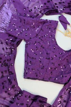 Royal Purple Sequin Embroidered Georgette Saree Ensemble with Tassel Detailing