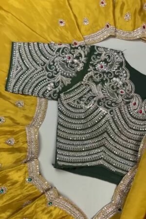 Royal Midnight Green Hand-Embroidered Blouse with Mustard Silk Saree – A Masterpiece of Contrast
