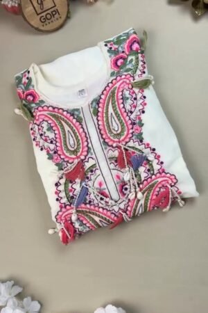 Ivory Embellished Paisley Embroidered Kurta with Tassel Accents