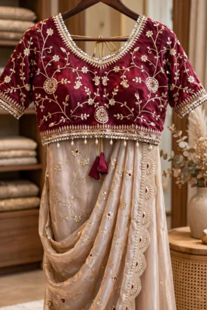 Timeless Elegance Maroon & Champagne Embroidered Saree Set – Available in Single Colourway
