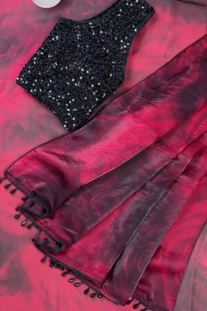 Midnight Radiance Sequin Embellished Saree with Rose-Print Organza – Ruby Red