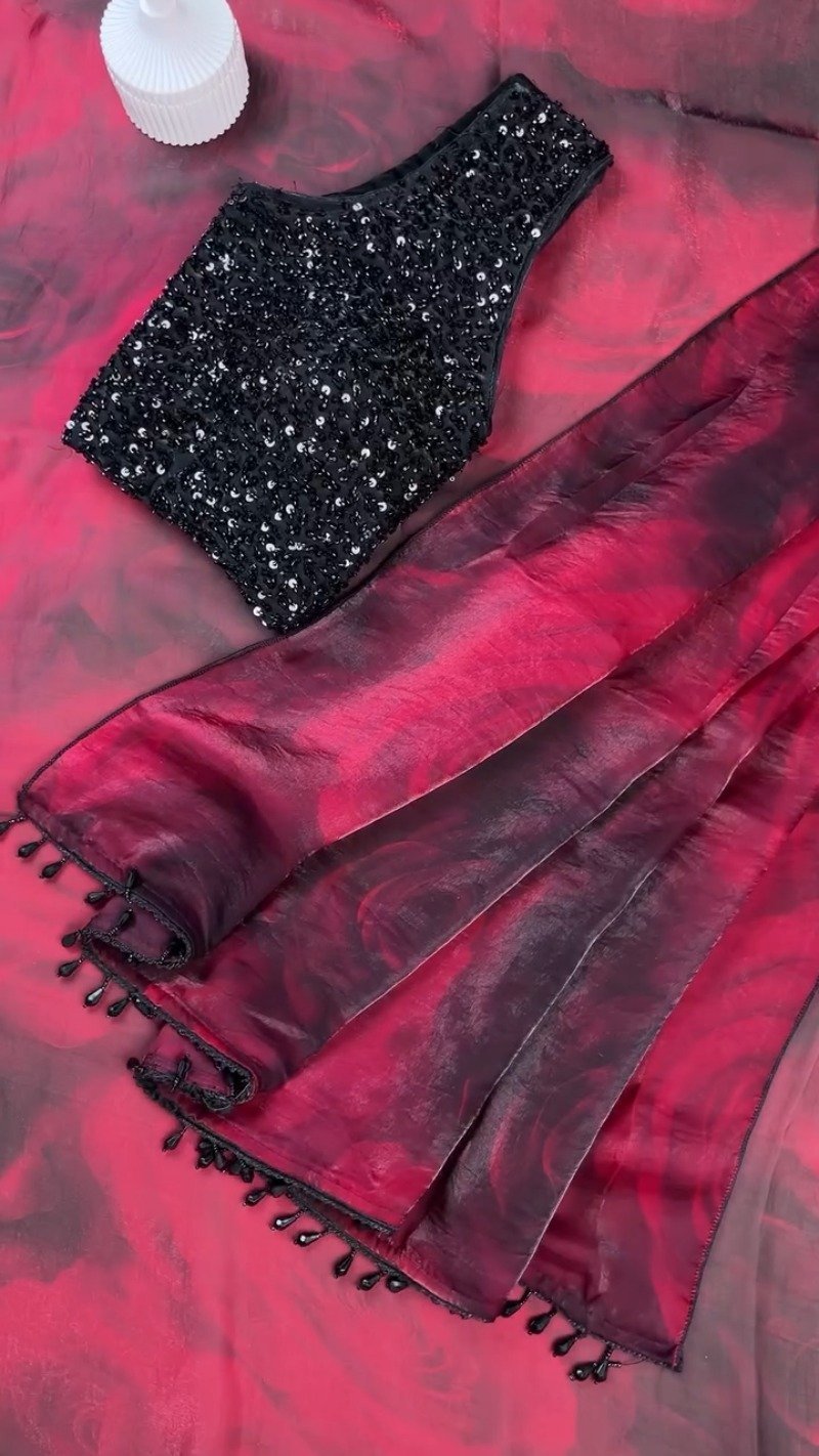 Midnight Radiance Sequin Embellished Saree with Rose-Print Organza β Ruby Red