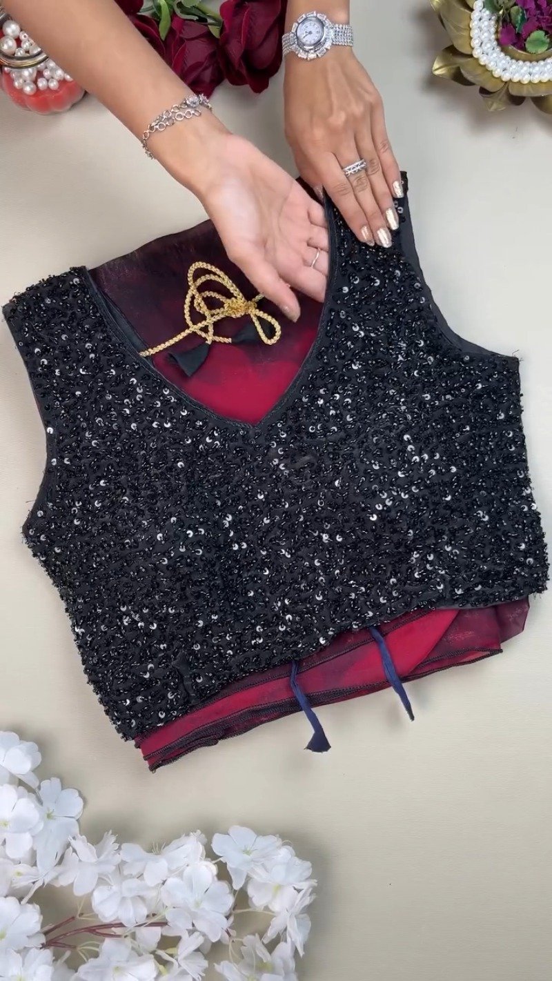 Midnight Radiance Sequin Embellished Saree with Rose-Print Organza β Ruby Red - Image 2
