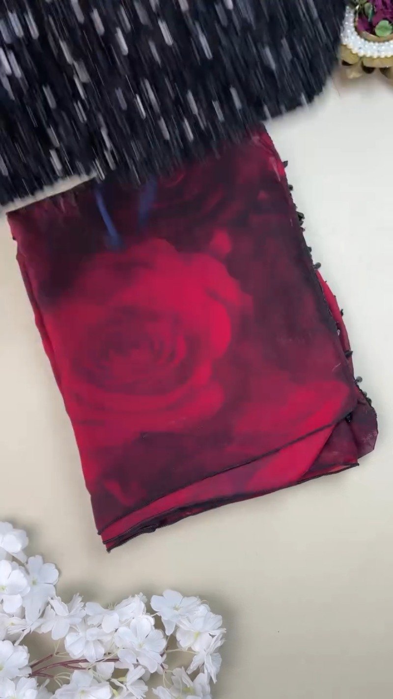 Midnight Radiance Sequin Embellished Saree with Rose-Print Organza β Ruby Red - Image 3