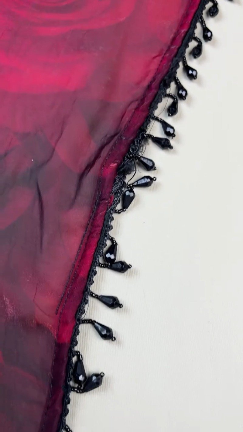 Midnight Radiance Sequin Embellished Saree with Rose-Print Organza β Ruby Red - Image 4