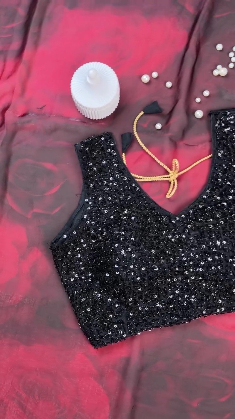 Midnight Radiance Sequin Embellished Saree with Rose-Print Organza β Ruby Red - Image 5