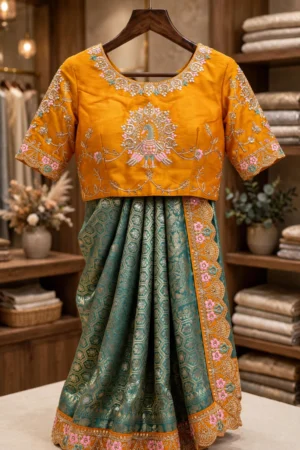 Peacock Motif Embroidered Mustard & Teal Silk Saree Set