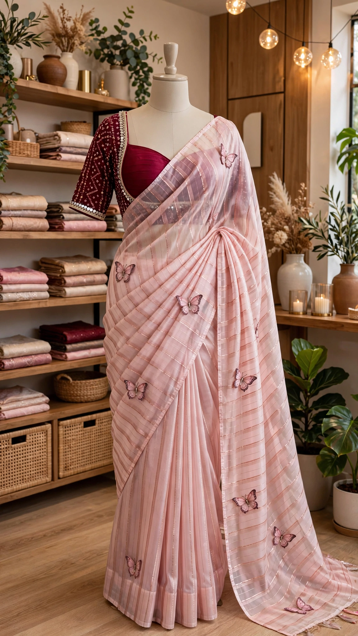 Blush Pink Butterfly Motif Organza Saree with Embroidered Velvet Blouse β A Fusion of Whimsy and Elegance - Image 2