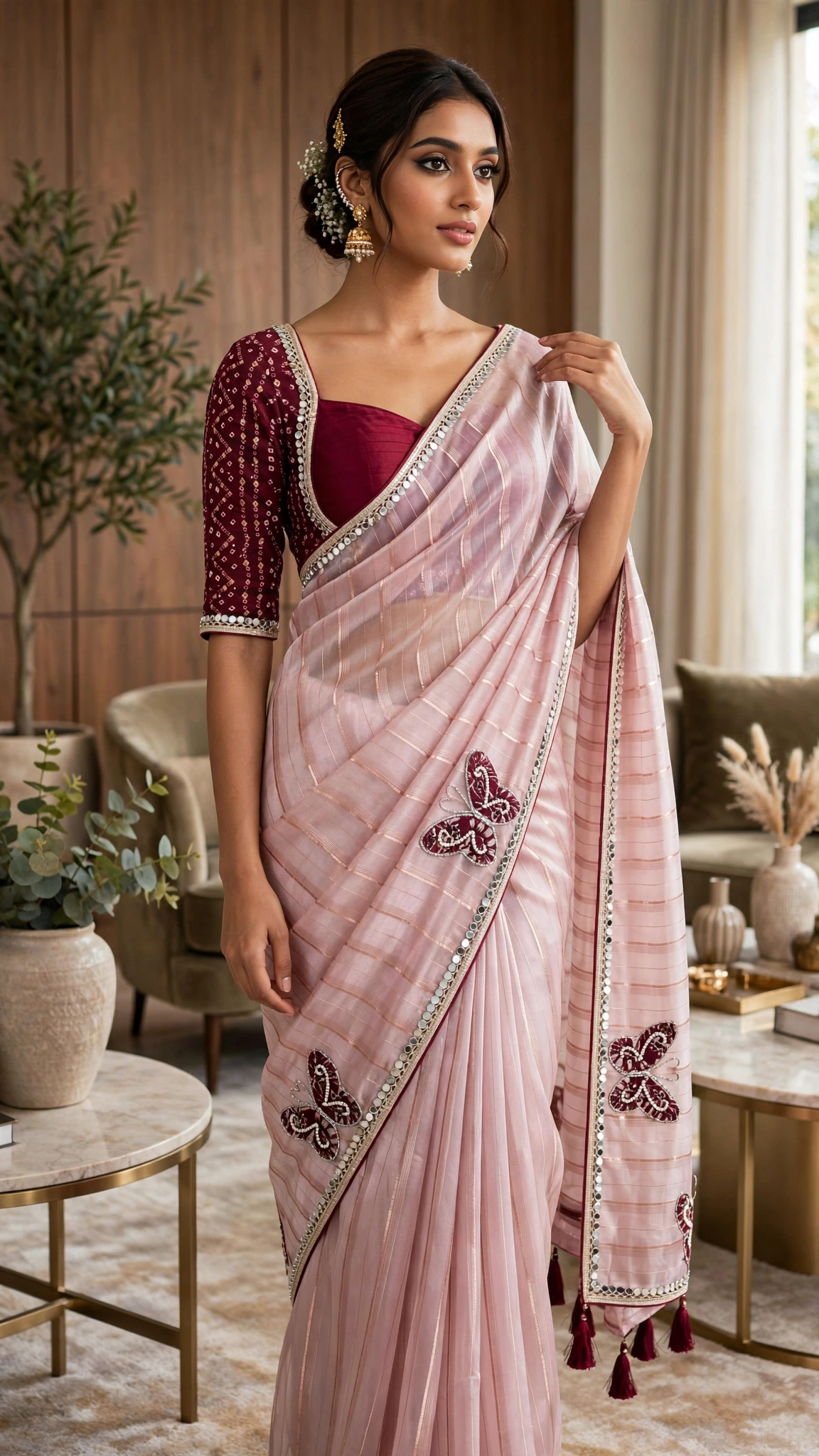 Blush Pink Butterfly Motif Organza Saree with Embroidered Velvet Blouse β A Fusion of Whimsy and Elegance - Image 4
