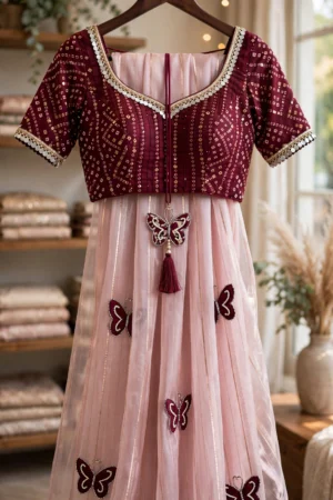 Blush Pink Butterfly Motif Organza Saree with Embroidered Velvet Blouse – A Fusion of Whimsy and Elegance
