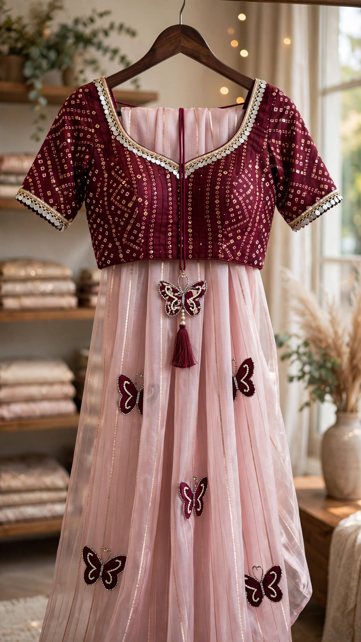 Blush Pink Butterfly Motif Organza Saree with Embroidered Velvet Blouse β A Fusion of Whimsy and Elegance