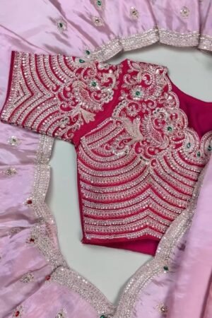 Royal Ruby and Pastel Pink Hand-Embroidered Saree Ensemble – Available in Deep Crimson & Blush Rose