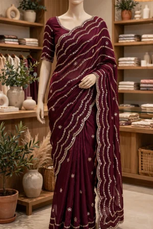 Glimmering Sequin & Embroidered Saree Ensemble – Available in Teal Blue & Royal Burgundy