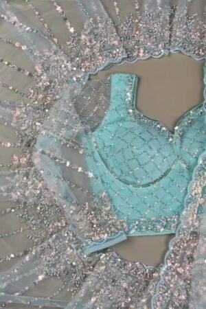 Astra Glacial Blue Sequin-Encrusted Net Saree with Designer Blouse