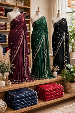 Enchanting Sequined Scalloped Border Saree Set – Available in Deep Plum, Emerald Green, Midnight Black, Rustic Orange, Blush Pink & Cream White