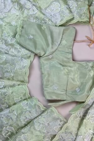 Ethereal Sage Green Embroidered Chanderi Saree with Tie-Back Blouse