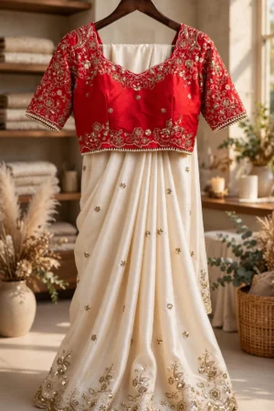 Ivory Elegance Floral Embellished Saree with Red Heritage Blouse