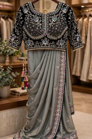 Midnight Allure Embroidered Saree with Draped Blouse – Slate Grey Elegance