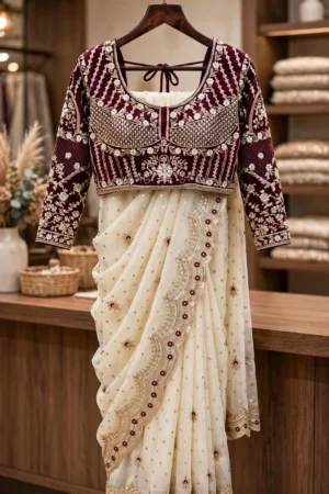 Ivory Embellished Organza Saree with Embroidered Velvet Blouse – Festive Elegance Collection