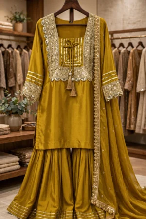 Olive Gold Radiance Embroidered Sharara Set