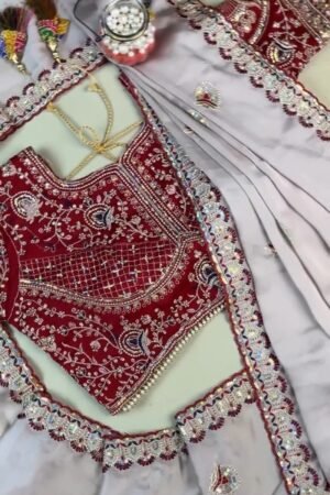 Midnight Crimson Velvet Blouse with Silver Embroidered Saree Set – Available in Classic Crimson & Elegant Silver