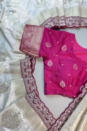 Ivory & Magenta Sequined Banarasi Silk Saree Ensemble