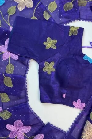 Royal Indigo Embroidered Floral Chiffon Saree with Matching Blouse