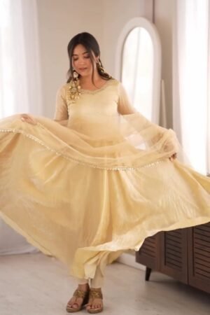 Ethereal Champagne Gold Crushed Silk Anarkali Suit Set – Available in Single Variant