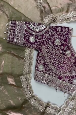 Regal Plum Velvet & Bronze Organza Embellished Saree Set
