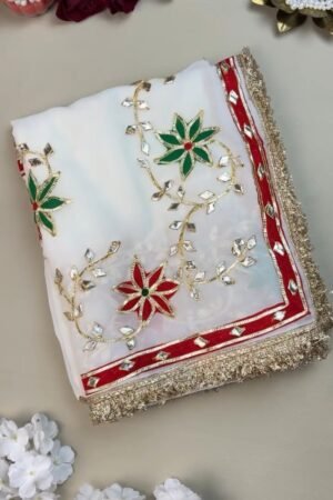 Opulent White Gota Patti Embellished Organza Saree – Available in Emerald Green & Ruby Red Floral Accents