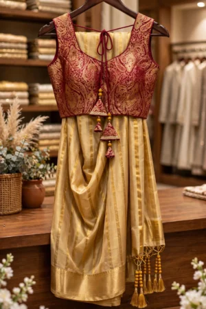 Gilded Grace Silk Saree with Maroon Brocade Blouse – A Traditional Masterpiece