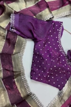Royal Purple & Metallic Gold Shimmer Saree with Embellished Scalloped Border